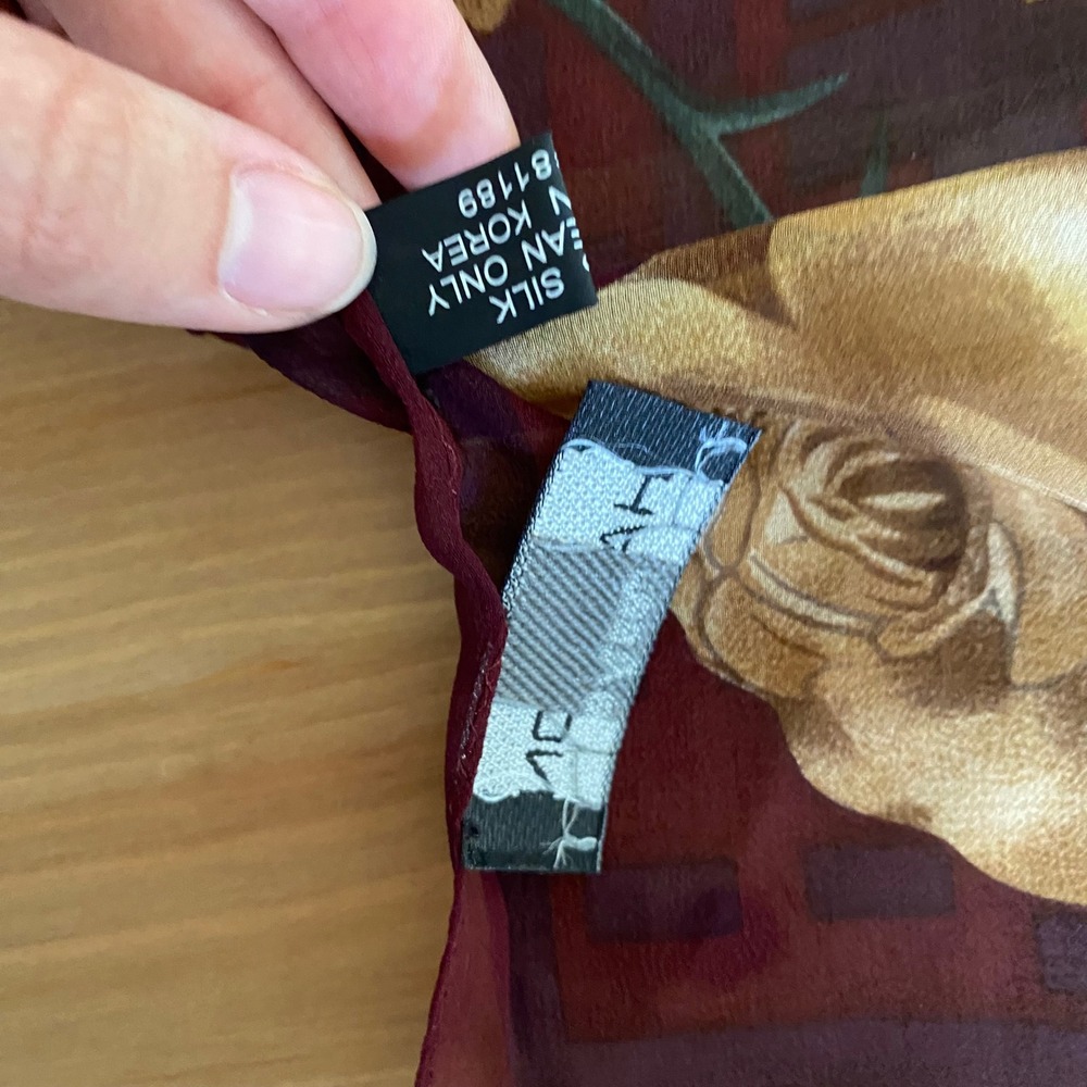 VTG Halston Lifestyle Burgundy Gold Rose Floral Silk Square Scarf - Picture 7 of 11